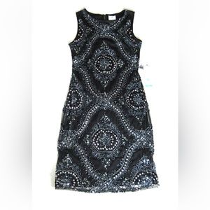 Patra Black Gunmetal Sleeveless Baroque Beaded Mesh Sheath Dress 10